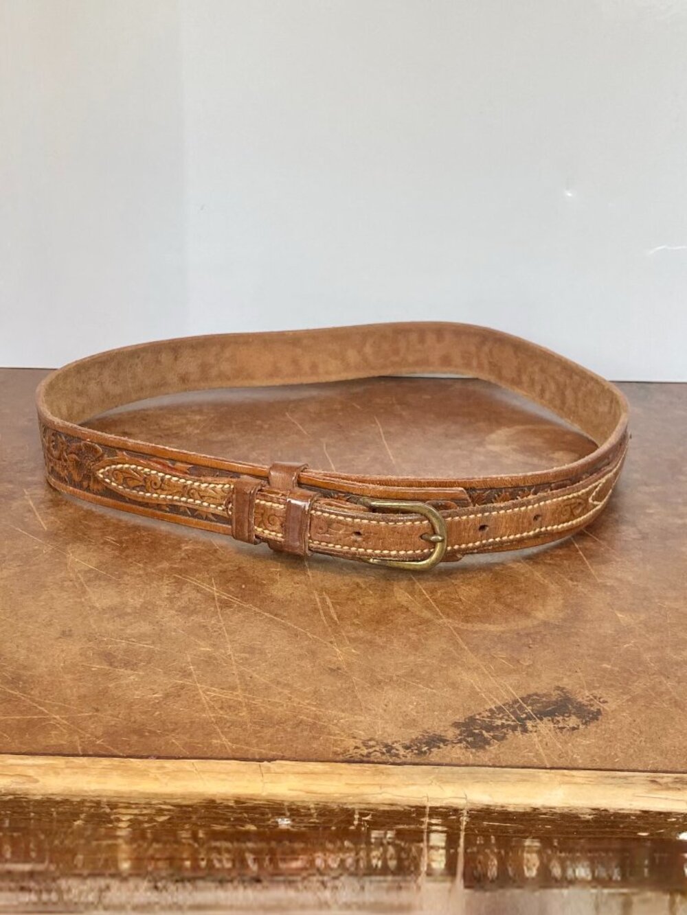 Vintage TEX TAN Belt Men’s Tooled Texas Ranger Size 32 Leather Mexico Brown